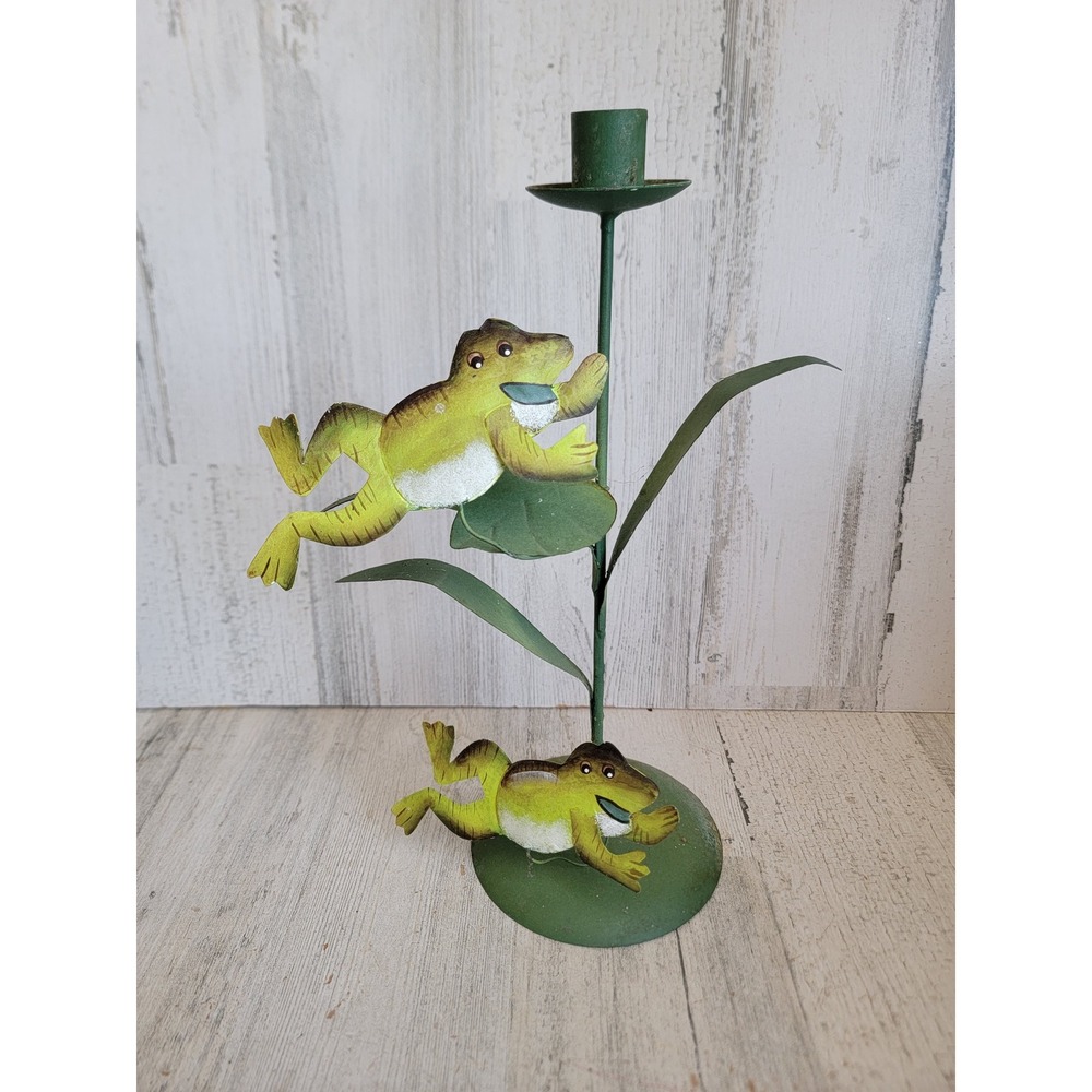 Vintage metal frog candle stick holder toad home decor unique green